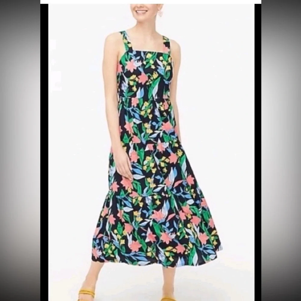 J. Crew Black Floral Midi Dress with Pink & Green Print